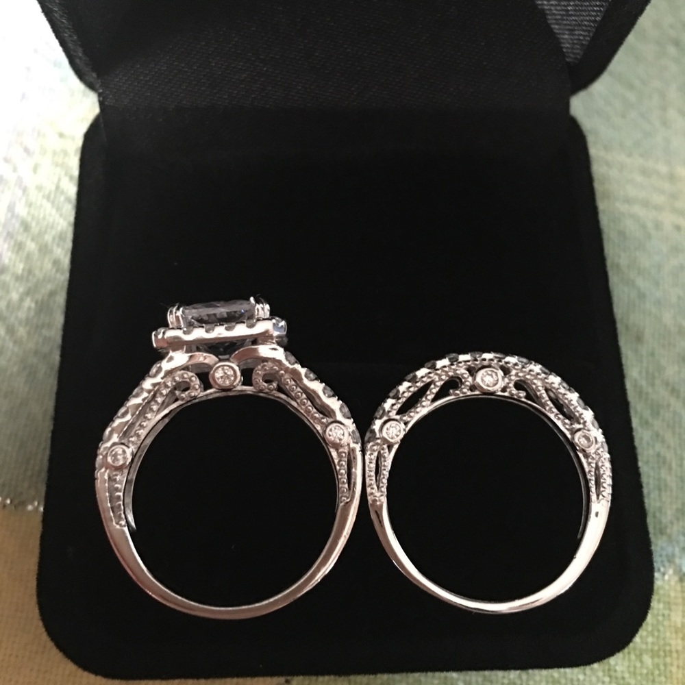 2pcs 925 Silver Engagement Ring Wedding Band Set